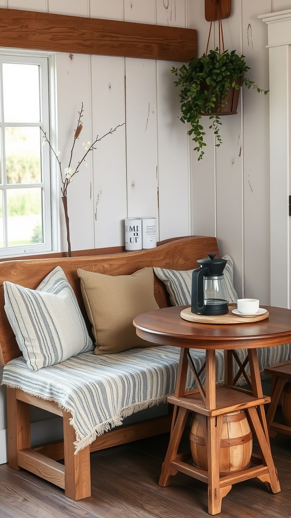 A cozy country style coffee nook with a wooden bench, cushions, and a small table.