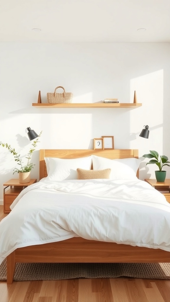 A cozy bedroom featuring a wooden bed, white bedding, and plants, illuminated by natural light.