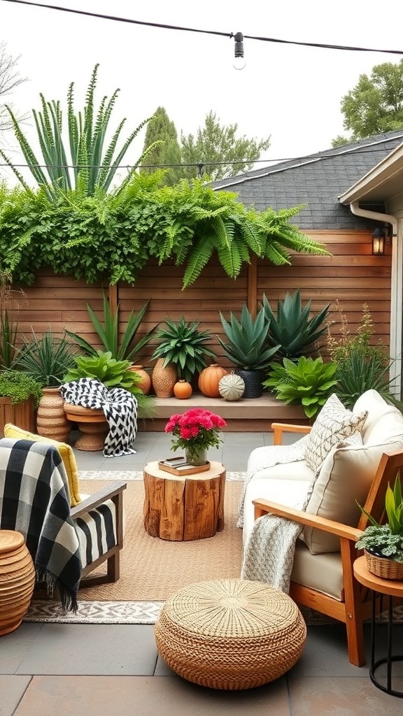 Cozy outdoor lounge with blankets and plants.