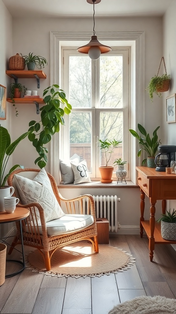 A cozy coffee corner featuring a chair, plants, and a small table with coffee supplies.
