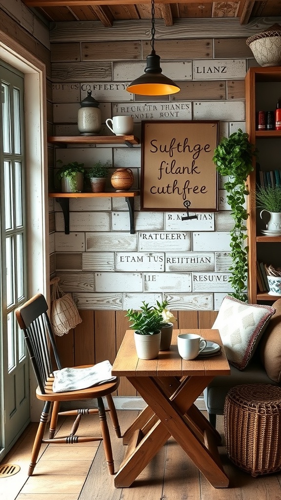 A rustic coffee nook featuring wooden shelves, a small table with coffee cups, and a cozy chair.