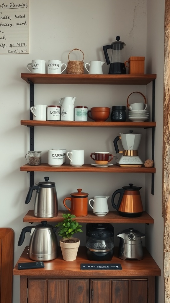 A rustic coffee station with shelves displaying various coffee mugs and equipment.