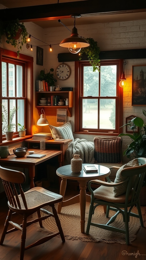 A cozy coffee nook with vintage furniture, warm lighting, and plants.
