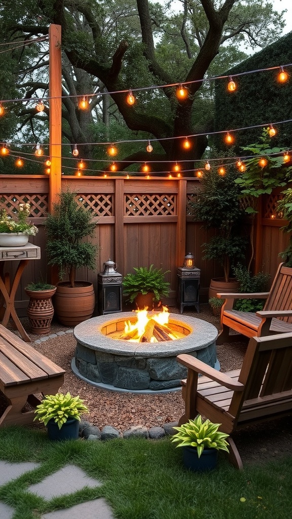 A cozy fire pit area with wooden seating, plants, and string lights.