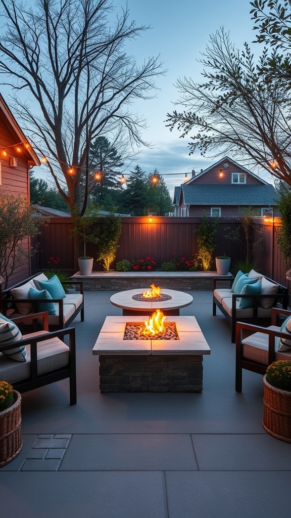 Cozy outdoor fire pit area with seating and warm lighting.