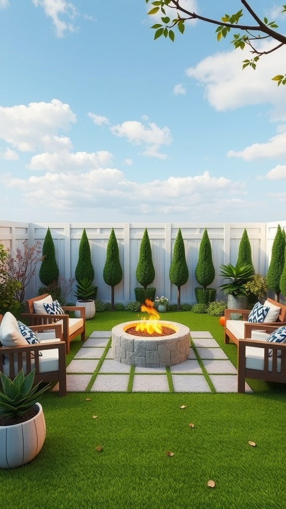 A cozy fire pit garden with chairs, a fire pit, and greenery.