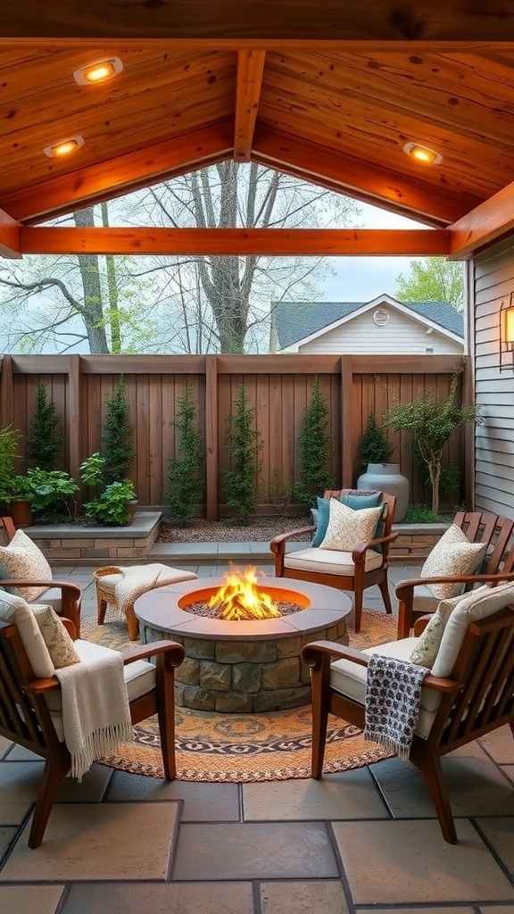 A cozy fire pit surrounded by chairs, with lights overhead and a patriotic theme.