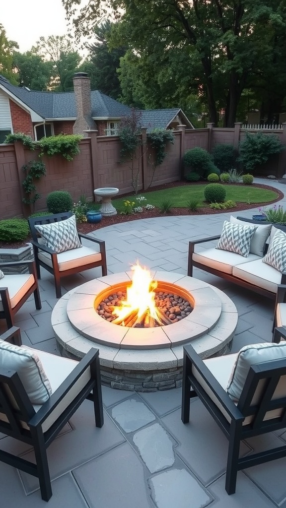 Cozy fire pit lounge with comfortable seating and a warm fire
