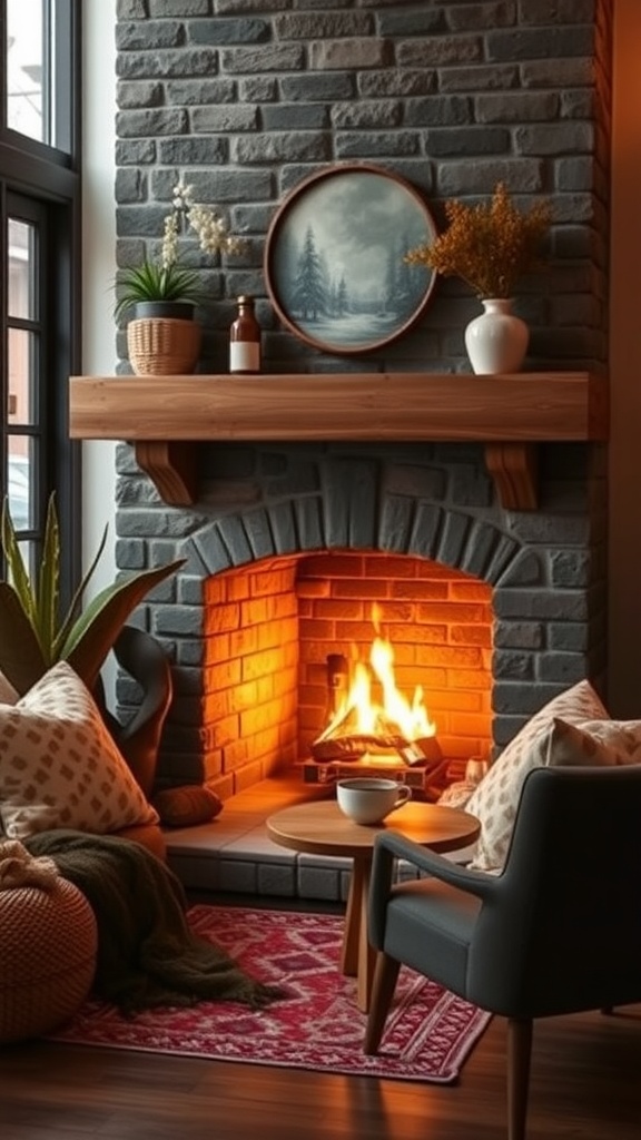 A cozy coffee nook with a fireplace, comfortable chairs, and a warm atmosphere.