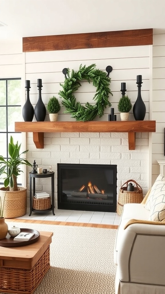Cozy farmhouse fireplace with a wooden mantel and decorative items.