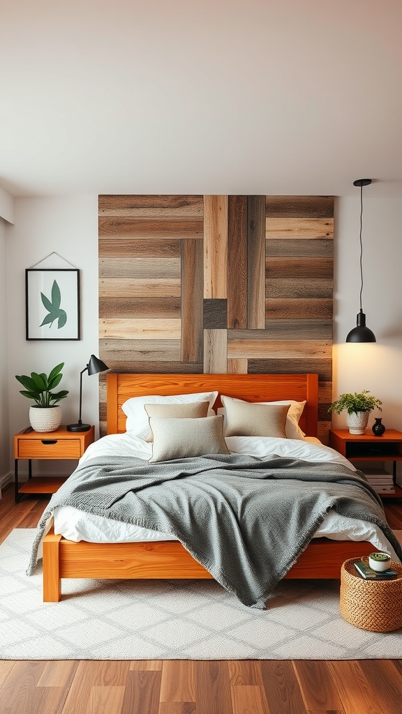 A cozy modern rustic bedroom featuring a wooden bed, soft blankets, and plants.