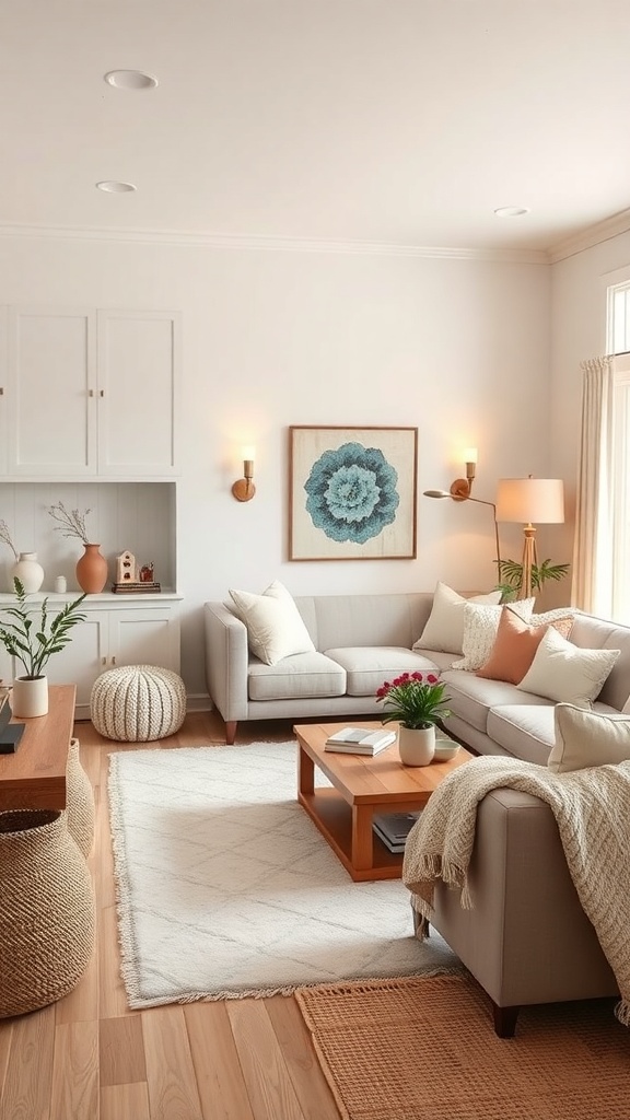 A cozy farmhouse living room with neutral colors, featuring a light gray sofa, wooden coffee table, and decorative plants.