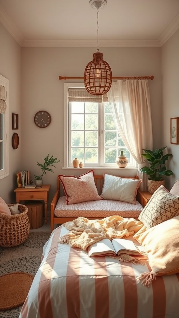 A cozy reading nook with a bench, warm colors, and natural light.