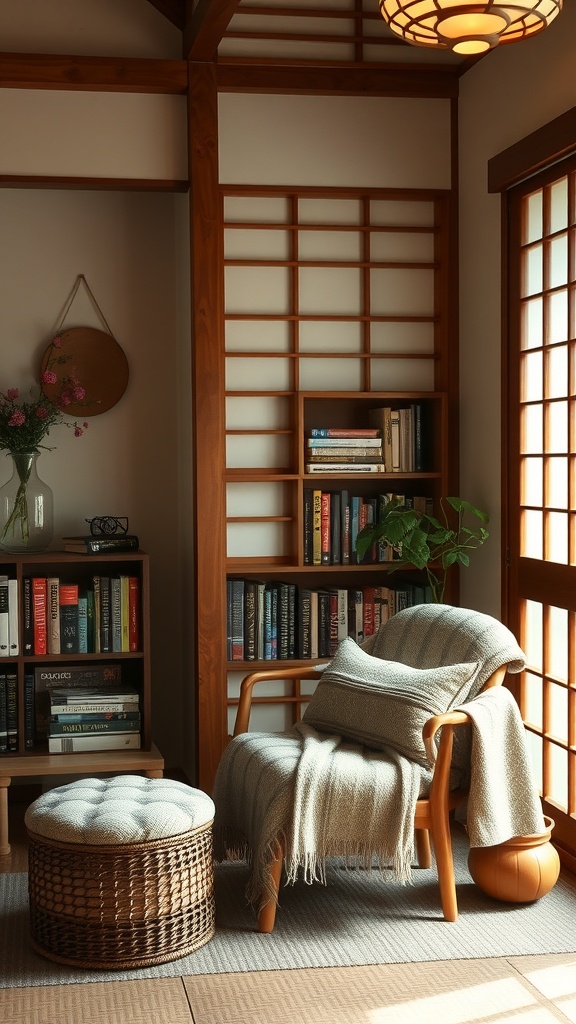 A cozy nook in a Japanese living room with a comfortable chair, soft blankets, and warm lighting.