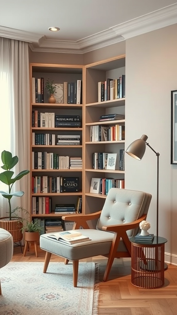 A cozy reading nook featuring a comfortable chair, a side table, and a bookshelf filled with books.