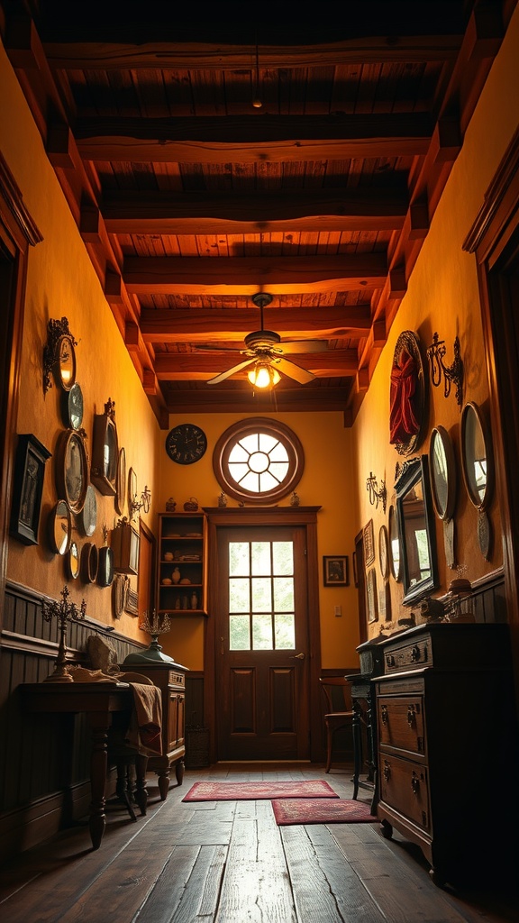 A cozy rustic corridor with wooden beams, warm lighting, and vintage decor.