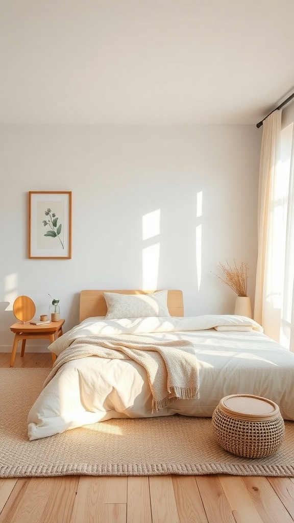 A cozy Scandi bedroom featuring a wooden bed, light bedding, and natural decor.