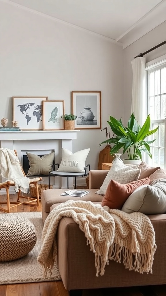 A cozy contemporary farmhouse living room with soft textures and warm colors.