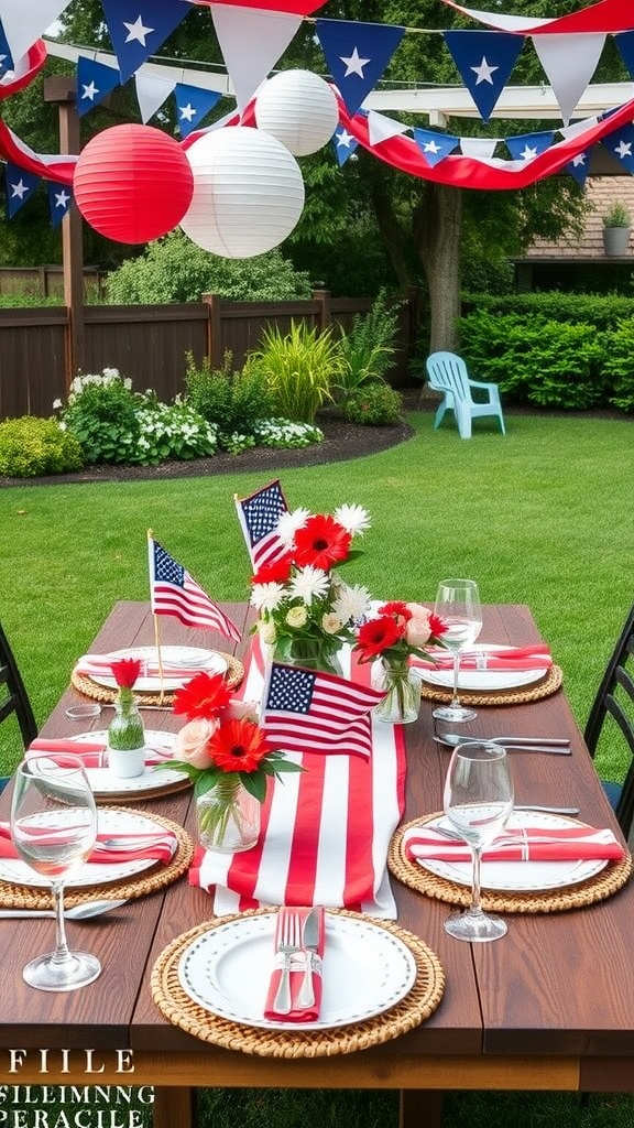 A beautifully decorated outdoor table for Independence Day with red, white, and blue decor.