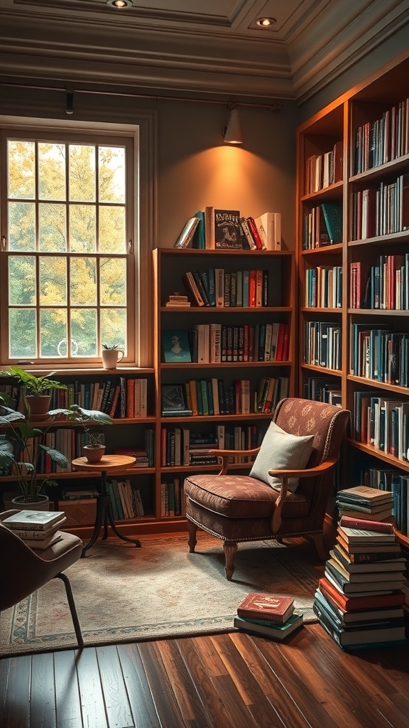 A cozy reading nook featuring a comfortable chair, bookshelves filled with books, and a small table.