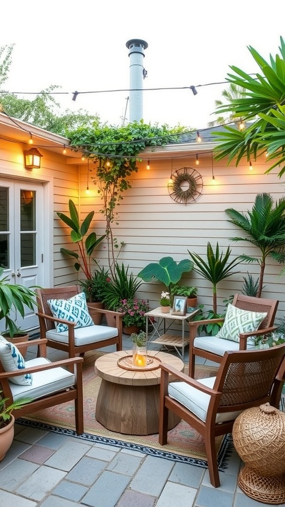Cozy outdoor seating area with plants and string lights.