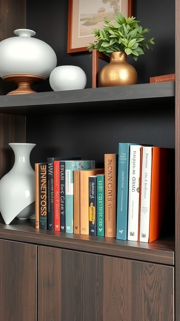 A stylish bookshelf displaying books with decorative bookends and plants.