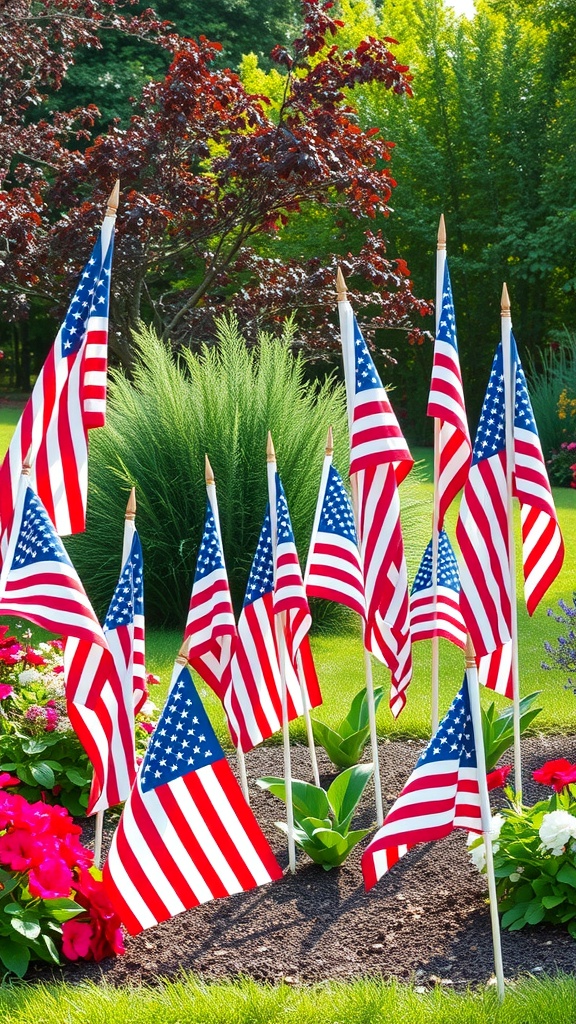 A garden with multiple small American flags planted among colorful flowers.