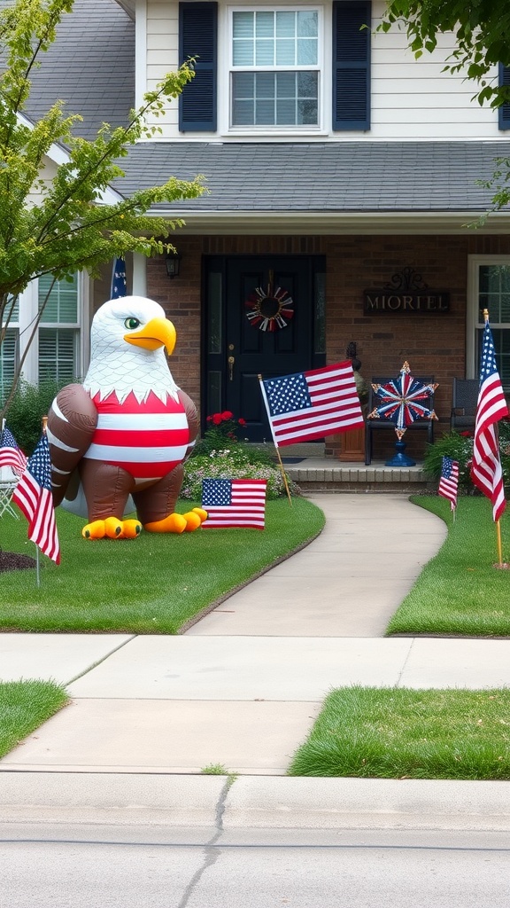 A large inflatable eagle in a patriotic outfit surrounded by American flags in a front yard.