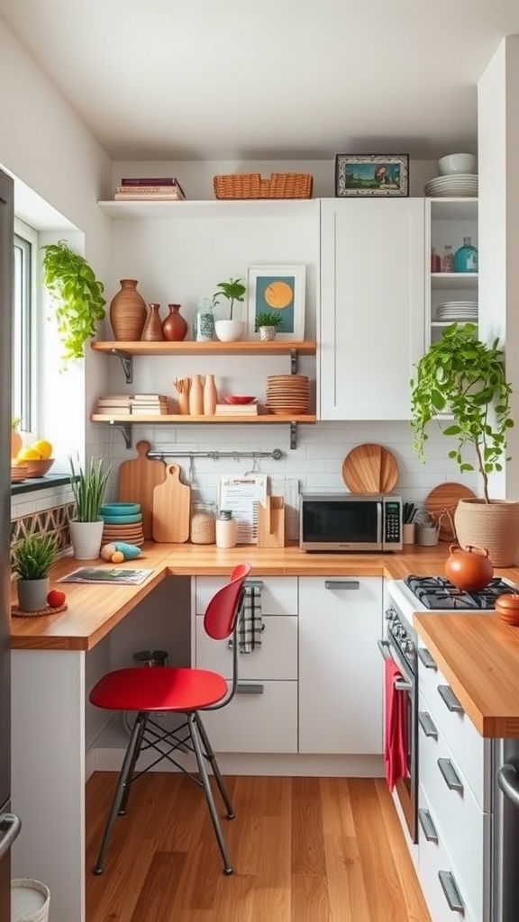 A cozy kitchen with open shelves, a small table, and vibrant decor.