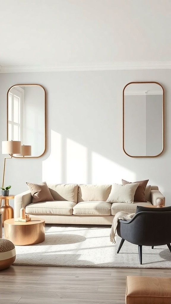 A bright living room featuring a beige sofa, wooden coffee table, and two stylish mirrors on the wall.