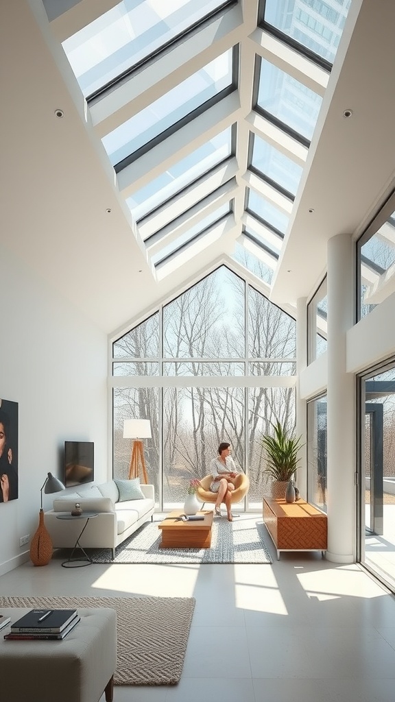 A modern living room with large windows and skylights, showcasing natural light.
