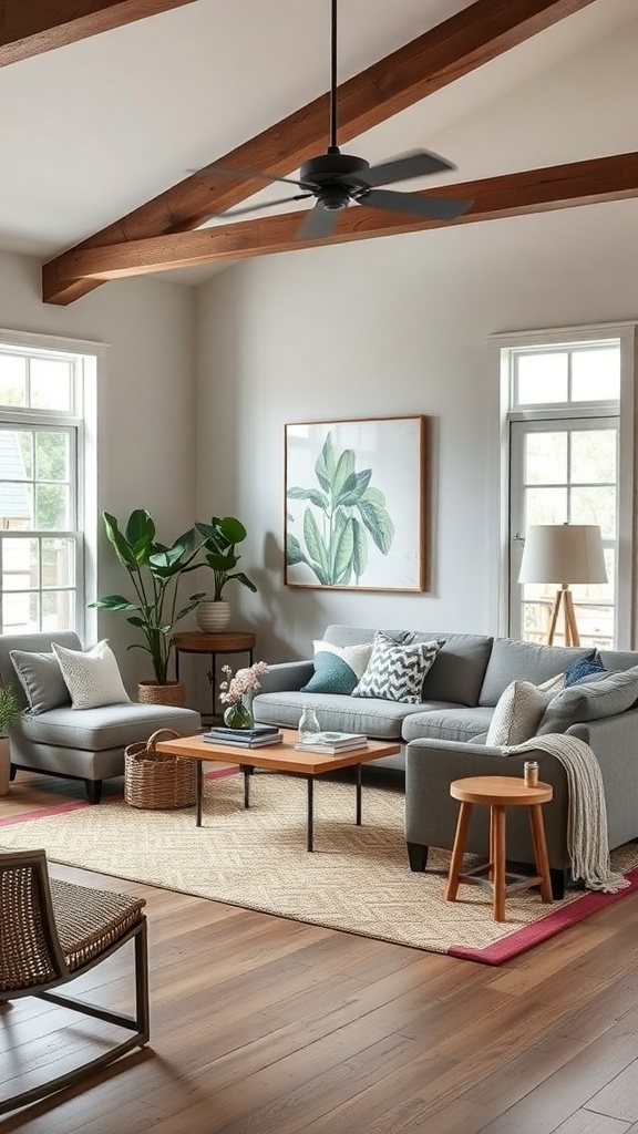 A contemporary farmhouse living room featuring a gray sectional sofa, wooden beams, and plants.