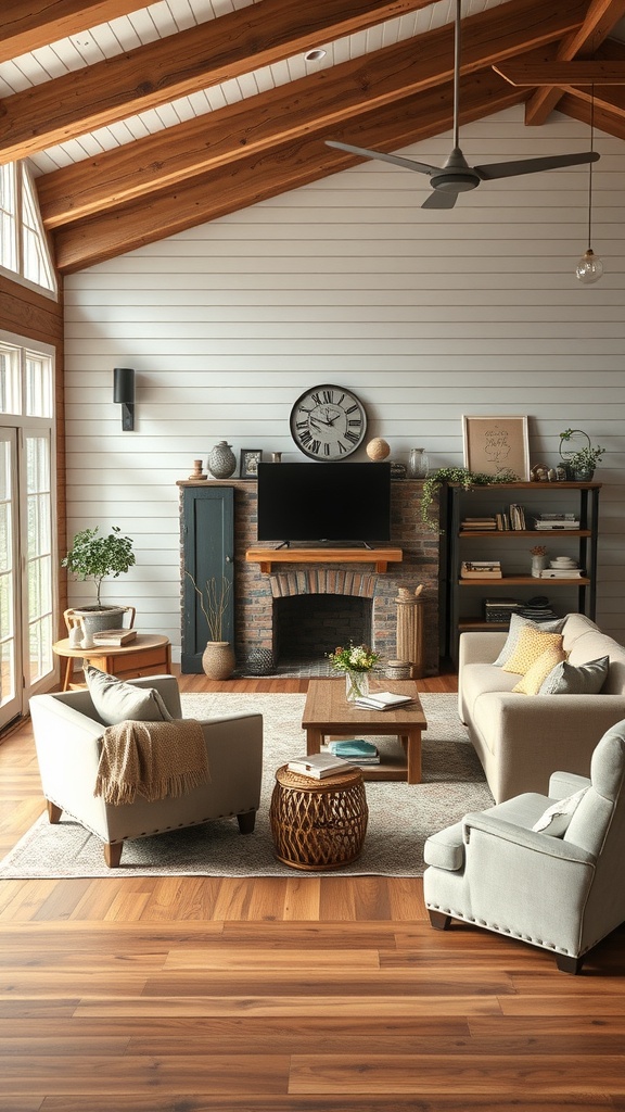 Cozy farmhouse living room with high ceilings, natural light, and comfortable seating.