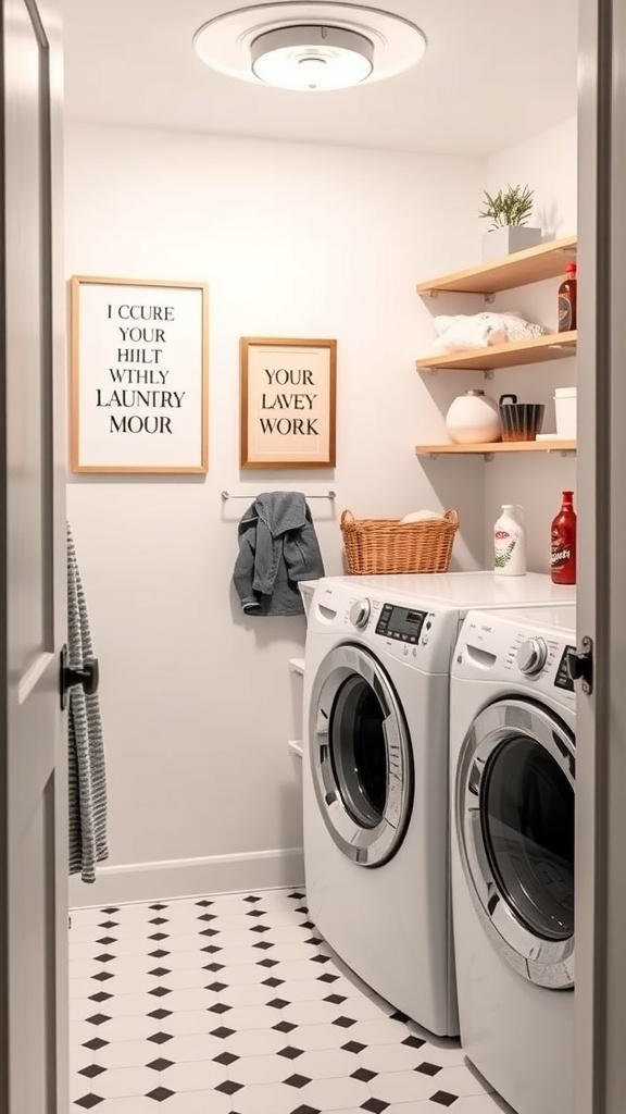 A laundry room featuring framed wall art with playful quotes and a clean, organized layout.