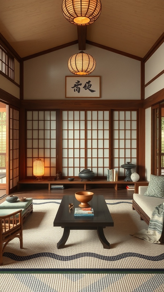 Japanese living room with cultural artifacts and accents.
