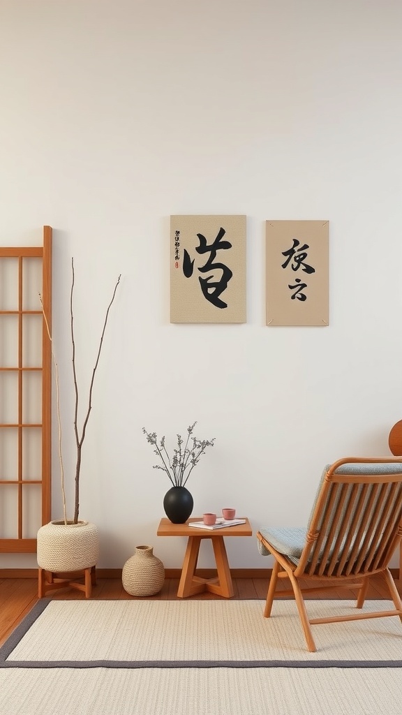 A cozy interior featuring Japanese calligraphy art, minimalist furniture, and natural elements.