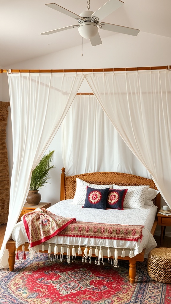 A cozy bedroom featuring a canopy bed with white drapes, colorful pillows, and a patterned rug.
