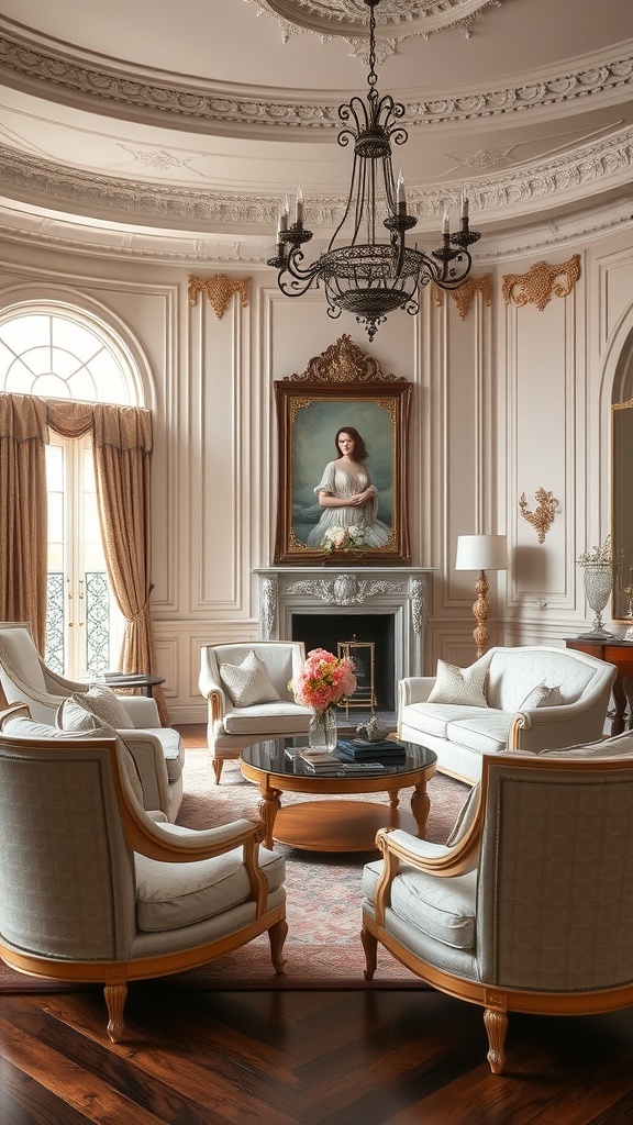A beautifully styled Rococo living room featuring curved furniture, a chandelier, and decorative elements.