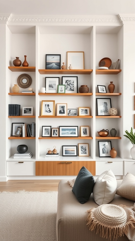 Stylish custom built-in shelving with decorative items and books.