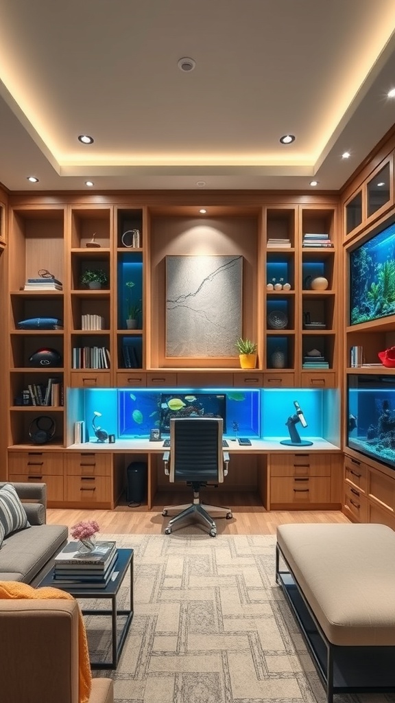 A modern room with custom built-in shelves and a desk, featuring an aquarium and stylish decor.