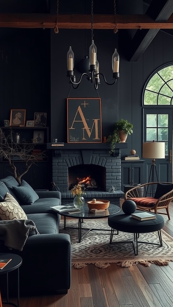 A cozy Western Gothic living room featuring dark colors and bold textures.