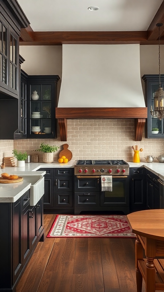 A moody kitchen featuring dark wood cabinets and bright accents.
