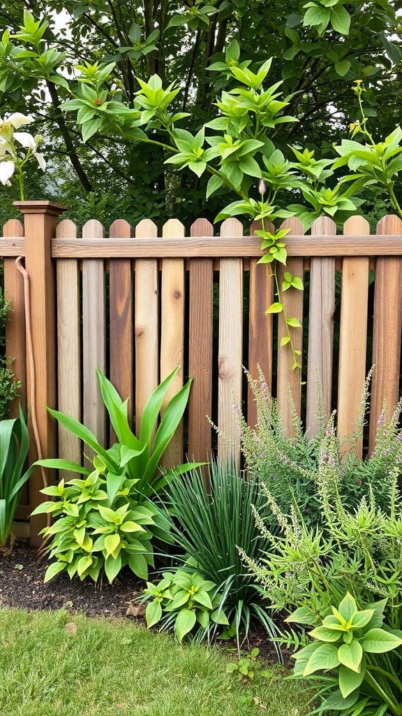 Decorative wooden garden fencing with lush green plants