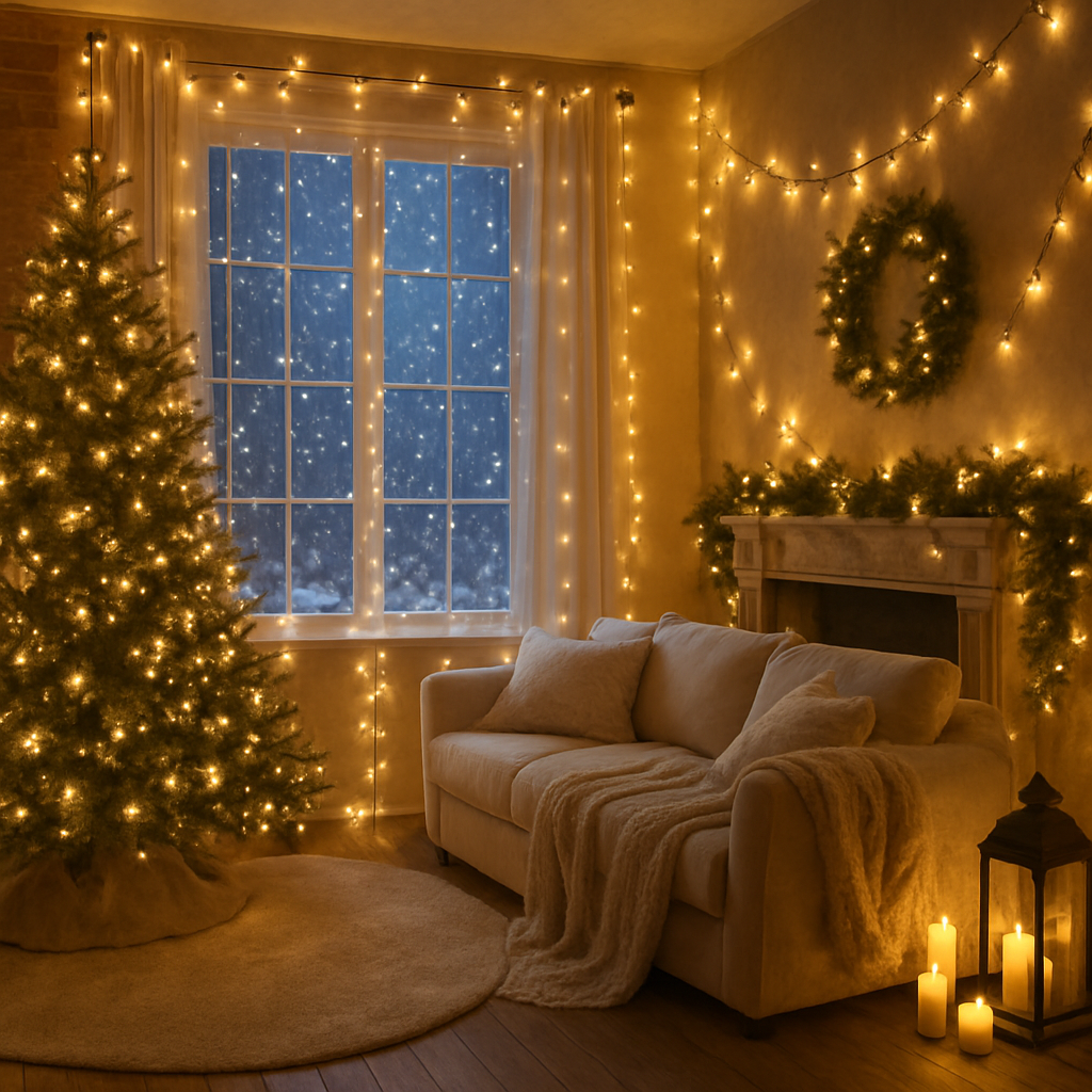 Gemütliches Wohnzimmer mit Weihnachtsbaum und dekorativen Lichtern