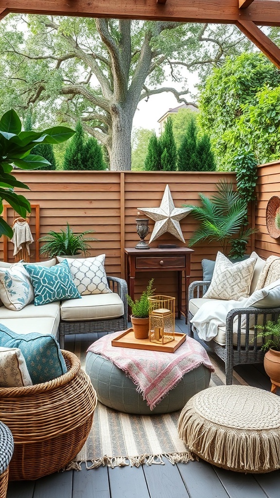 Cozy outdoor lounge with decorative pillows and throws