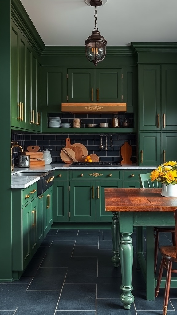 A kitchen featuring deep green cabinets with brass accents, showcasing a cozy and inviting design.