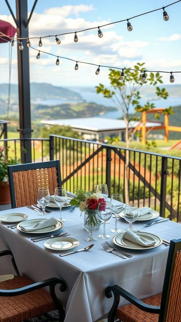 A beautifully set outdoor dining table with a view of the sunset.