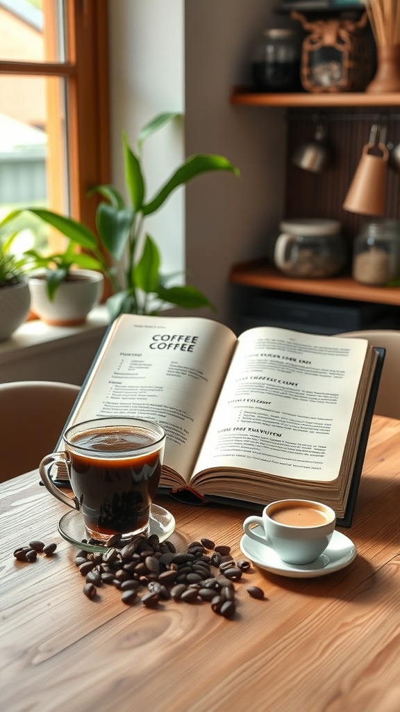 A cozy coffee setup featuring a recipe book, a cup of coffee, and coffee beans on a wooden table.