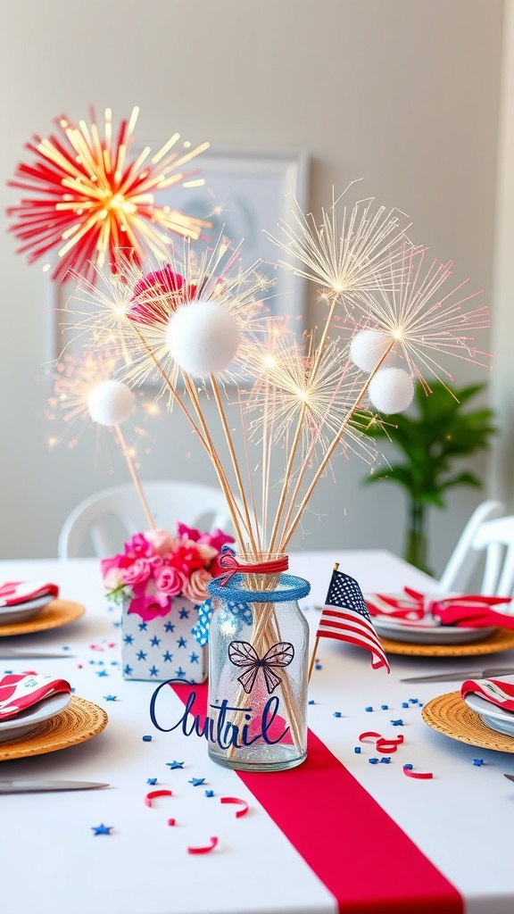 A table set for 4th of July with firework-themed centerpieces and decorations.