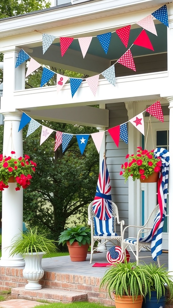 Colorful DIY flag banners and garlands in red, white, and blue hanging on a porch.
